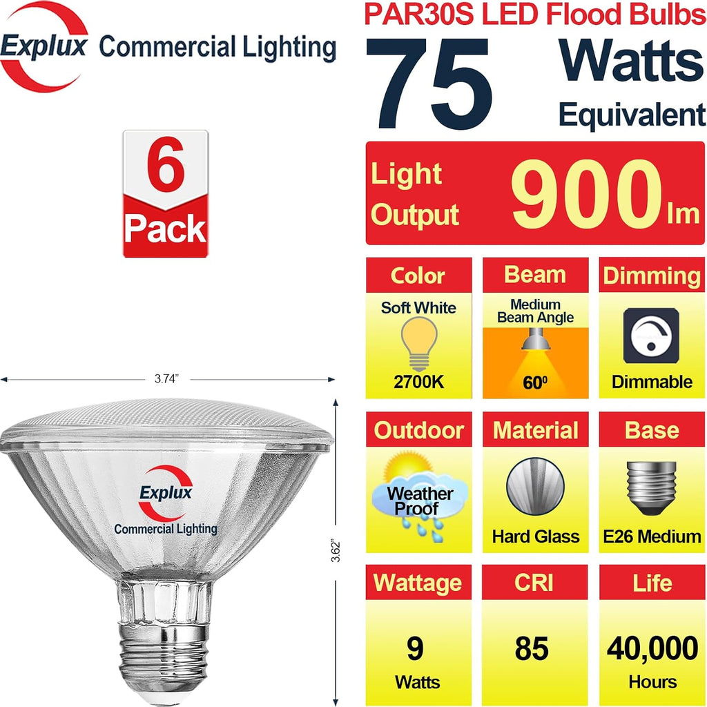 Full Glass PAR30 Short Neck LED Bulb, 75W Eq., Soft White 2700K 6-Pk