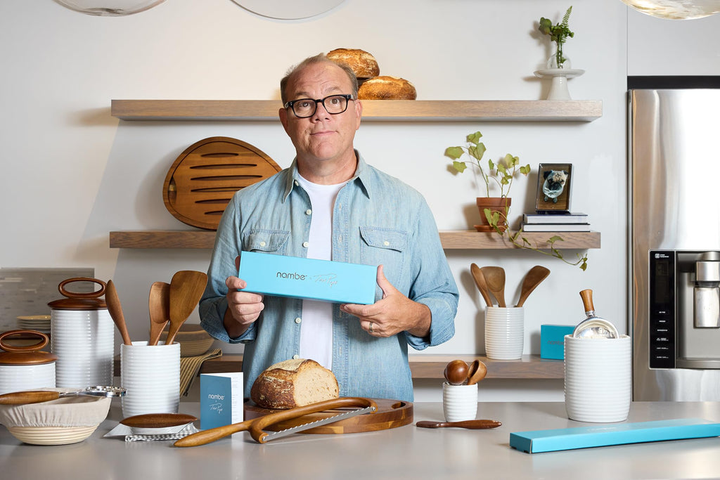 X Tom Papa Breaking Bread Canister - 10"H x 6"W, Ceramic Stoneware Storage Jar with Acacia Wood Lid & Silicone Seal
