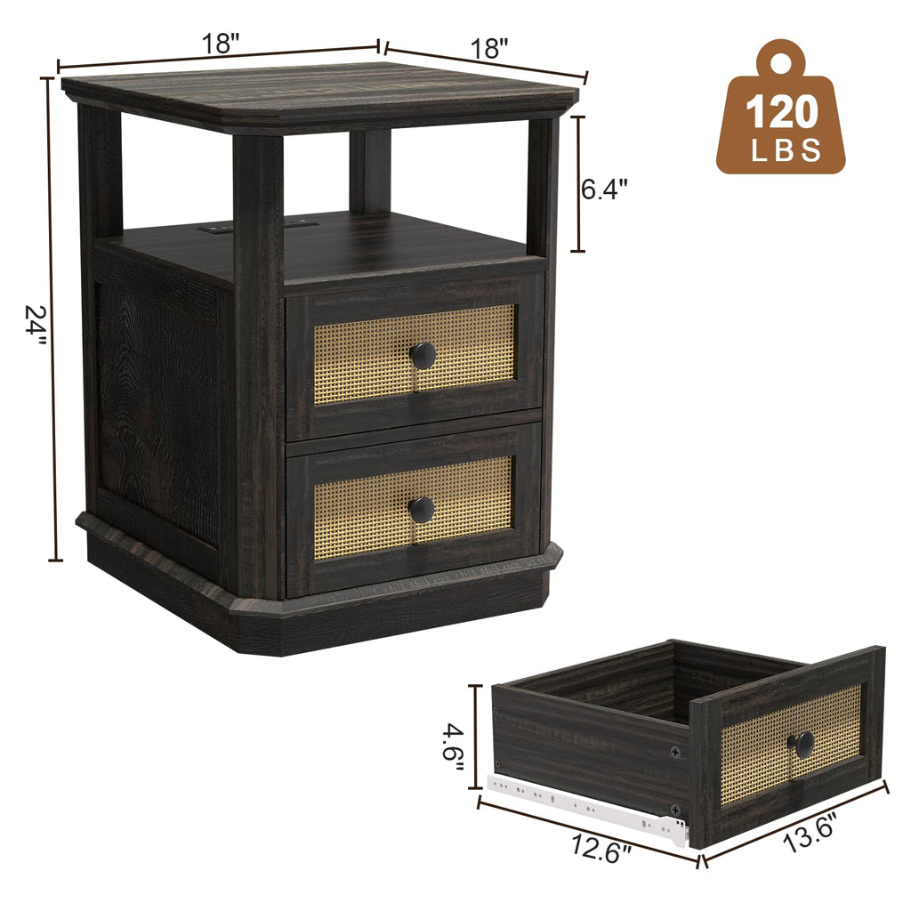 Set of 2 with Charging Station, 24" Tall Sofa Side Table with Rattan Drawer, Anti-Collision Angle Wooden Night Stand .