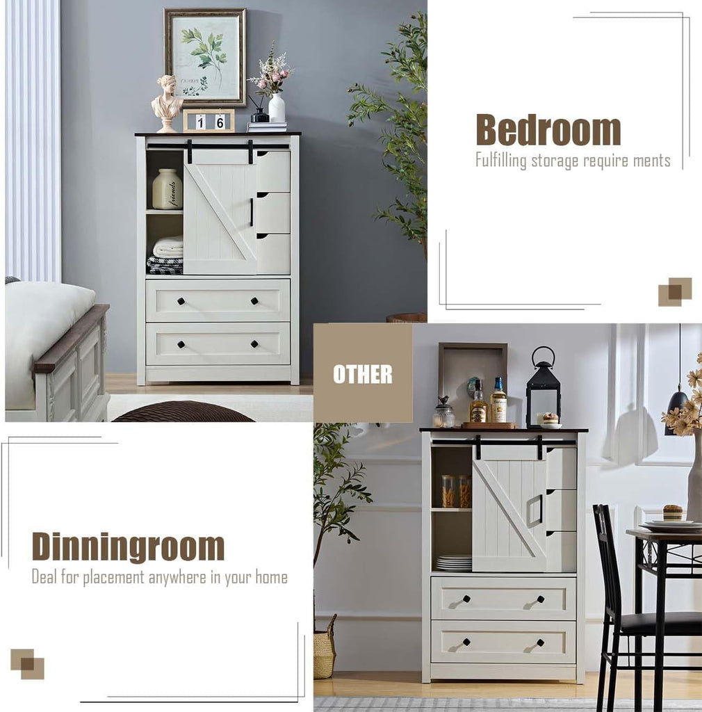 Antique White with 5 Drawers, 5 Chest of Drawers with Sliding Barn Door, Farmhouse