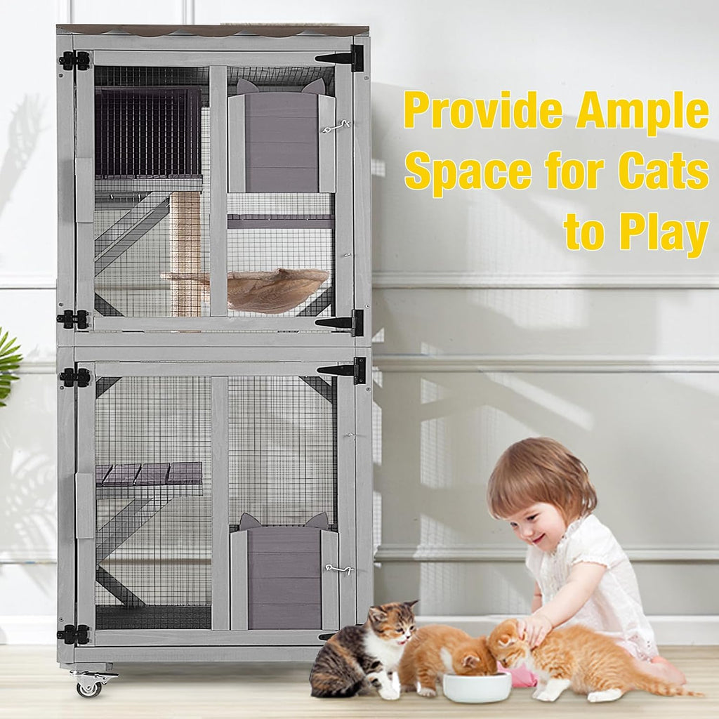 Catio Outdoor Cat Enclosure Wooden Cat Cage with Window Access Large Kitty House on Wheels 62.4'' Indoor Patio