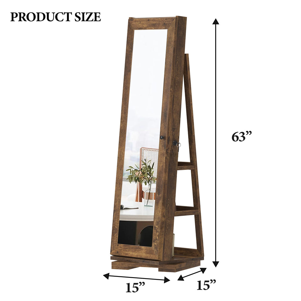 Lockable Floor Standing Wooden Jewelry Armoire with Full Length Mirror 360°Rotatable Jewelry Organizer Cabinet