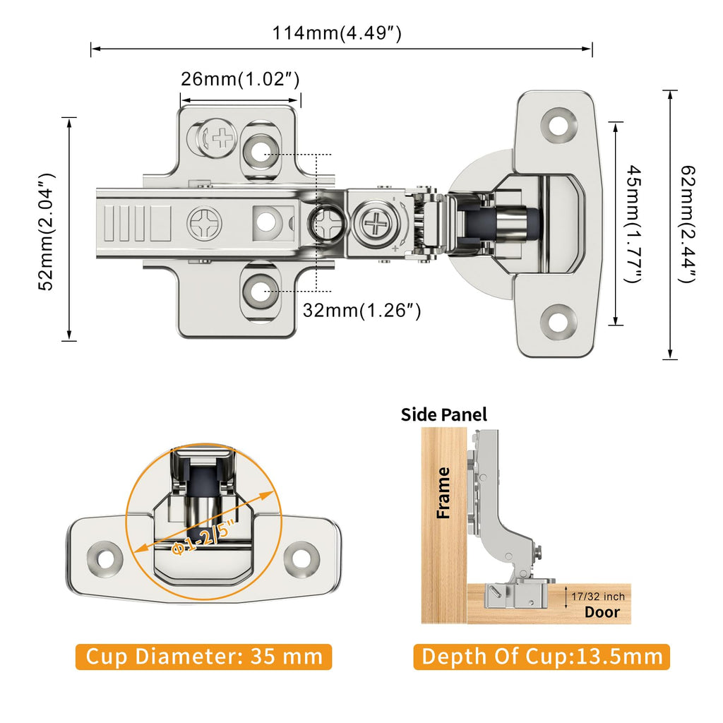 10 Pack Frameless Inset Soft Close Concealed European Hinges, Self Closing Satin Nickel, 105 ° Open Angle 4D