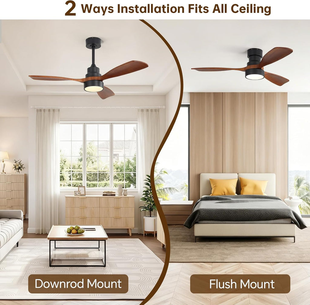 48 Inch Smart Ceiling Fan with Light and Remote - 3 Solid Wood Blades, Dimmable LED, Reversible DC Motor, Works with Alexa & Google