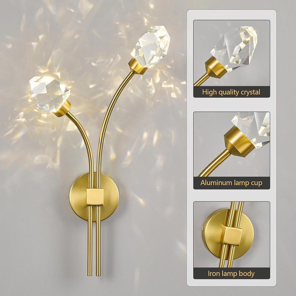 Modern Gold Wall Sconce Set of Two 4000K LED Wall Sconce Light Fixture Luxury Crystal Wall Light for Living Room