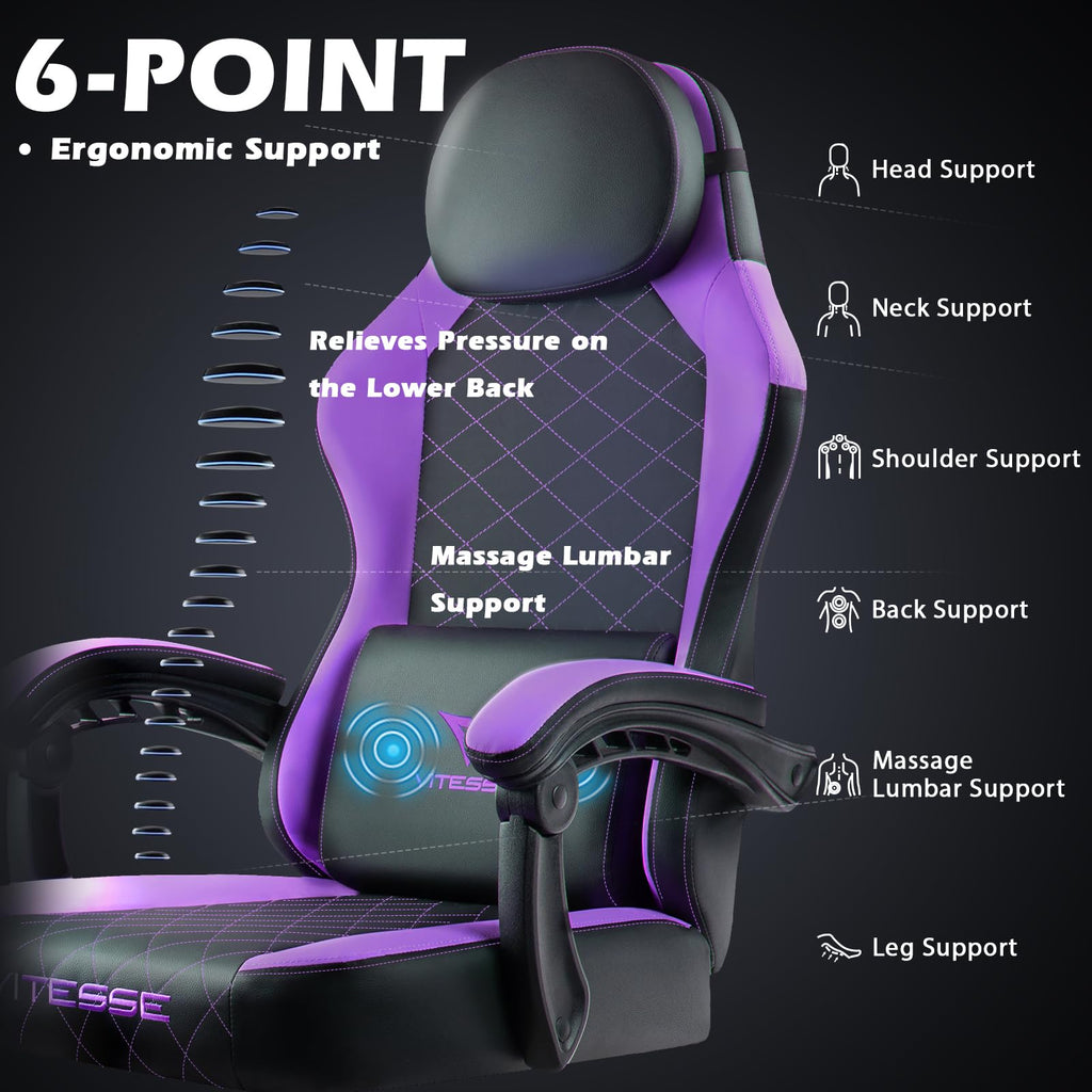 Gaming Chair with Footrest, Ergonomic Gamer Chair for Adults, Racing Style Reclining Computer Game Chair with Headrest