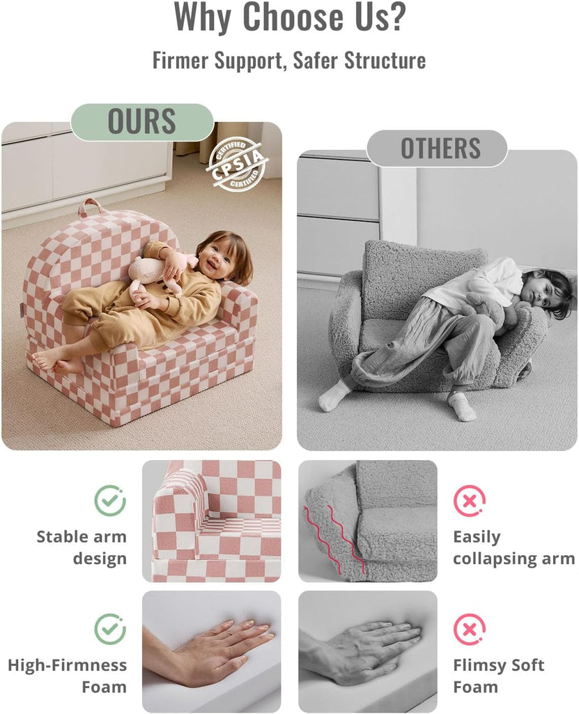Foldable Kids Couch, in-1 Kids Sofa Chair, Blush Check