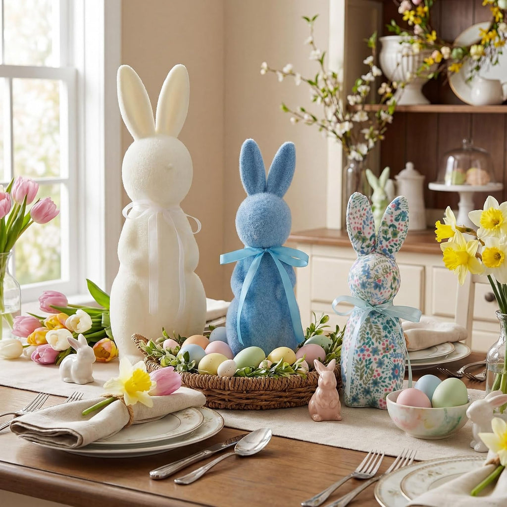 Flocked Bunny Easter Decorations 9/10/13 Inch Flocked Bunny Figurines with Bow Tie Spring Easter Tabletop - Set of 3