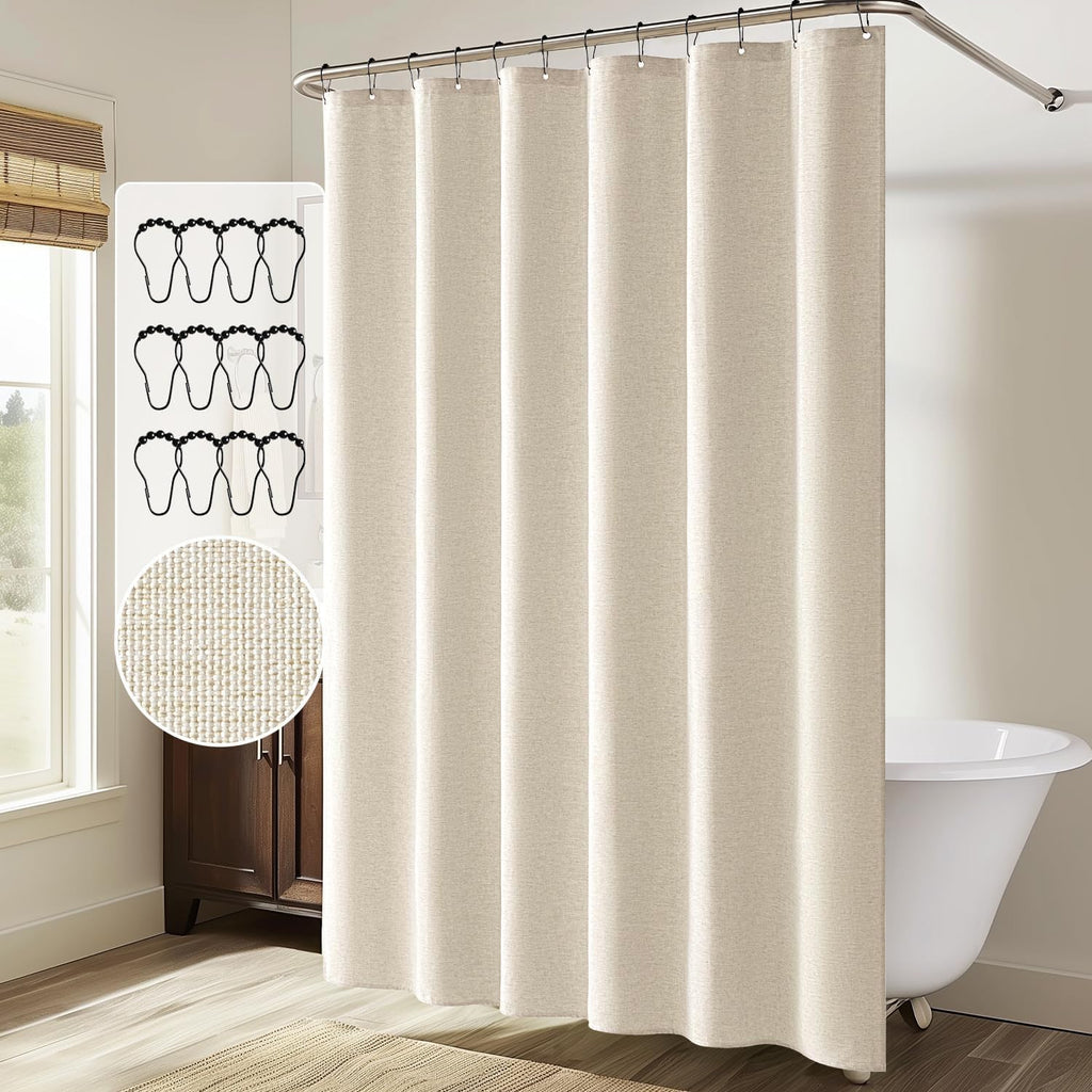 72 x 108 Extra Long Linen Fabric Shower Curtain Cream 12 Metal Hooks
