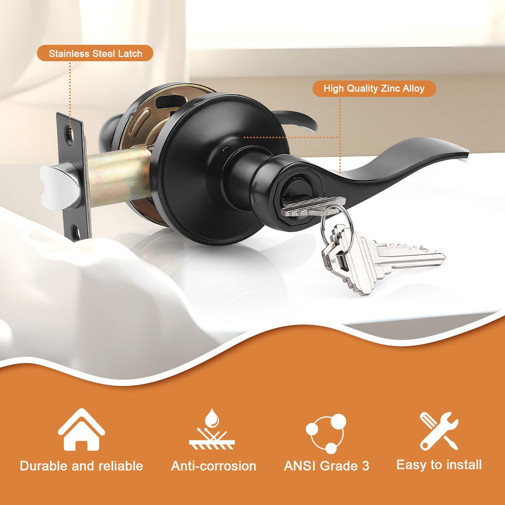 4 Pack Black Entry Knobs with Lock and Key, Keyed Alike Lockset Combo Pack, Indoor and Outdoor Leversets, Reversible