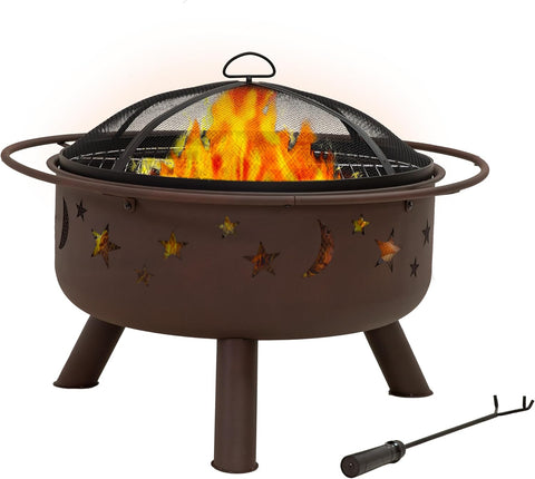 Cosmic 30-Inch Patio Fire Pit for Outside - Outdoor Wood-Burning Fire Pit with Grill Grate, Spark Screen, and Log Poker