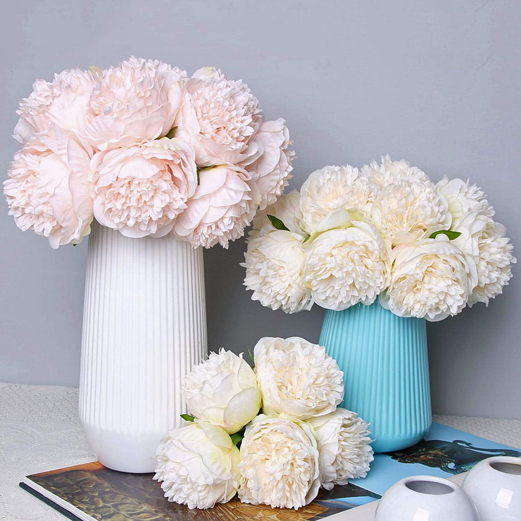 Heads Artificial Peonies Silk Flowers Bouquet Cream White - Set of 10