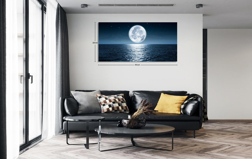 Wall Art Canvas Print Moon Sea Ocean Landscape 1 Panels Full moon Picture Painting Framed and Stretched Ready to Hang