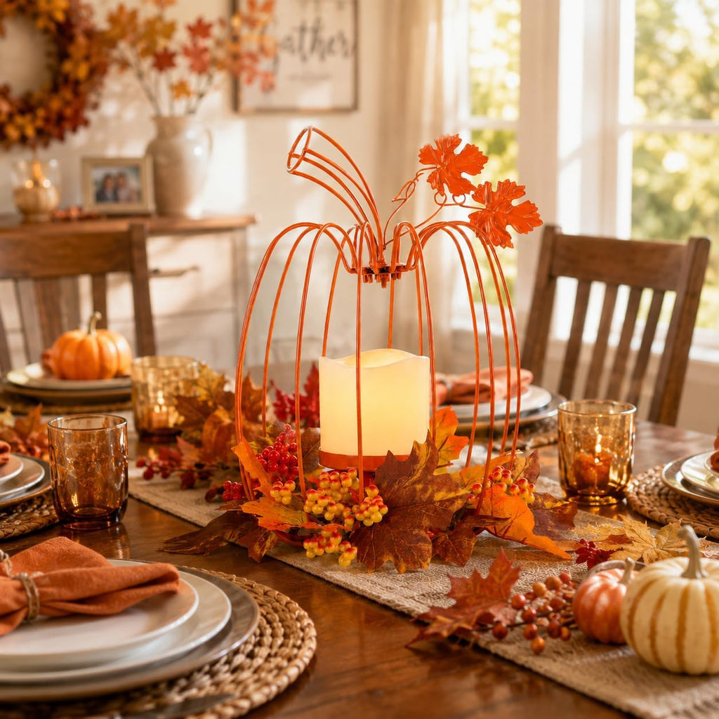 Thanksgiving Decorations,Fall Pumpkin Lanterns Decorative Indoor & Outdoor,Orange Wrought Iron Pumpkin Shape Tealight