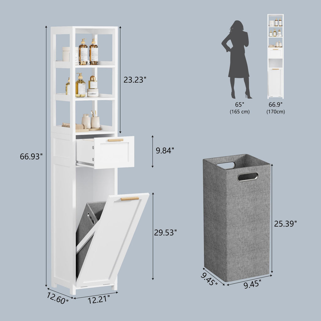 66'' Tall Tilt Out Laundry Hamper Cabinet, Hidden Laundry Hamper with Removable Storage Basket, Open Shelf and