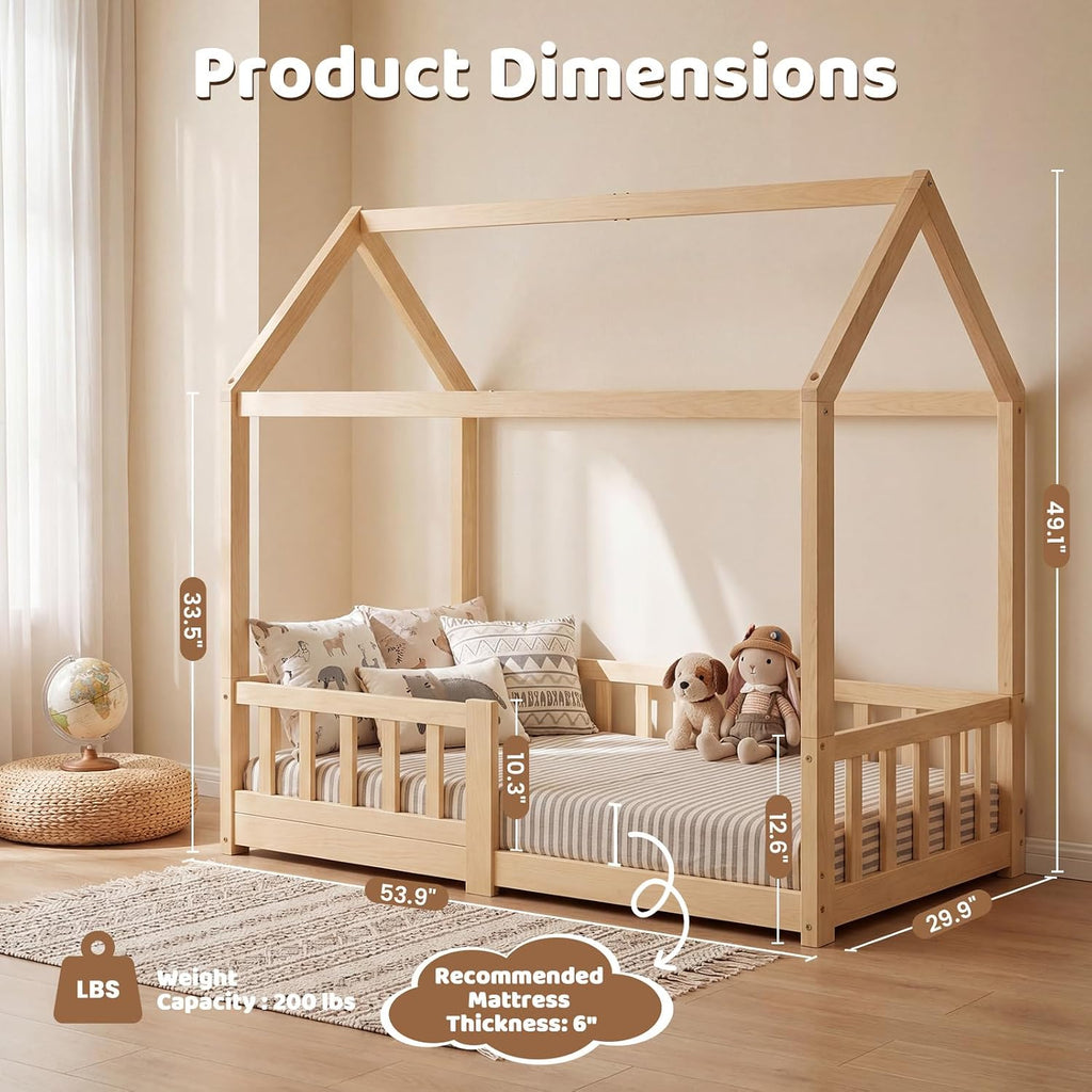 Toddler Bed, Toddler Floor Bed with Safety Guardrails, Wood Montessori House Bed with Roof, Low Toddler Bed Frame