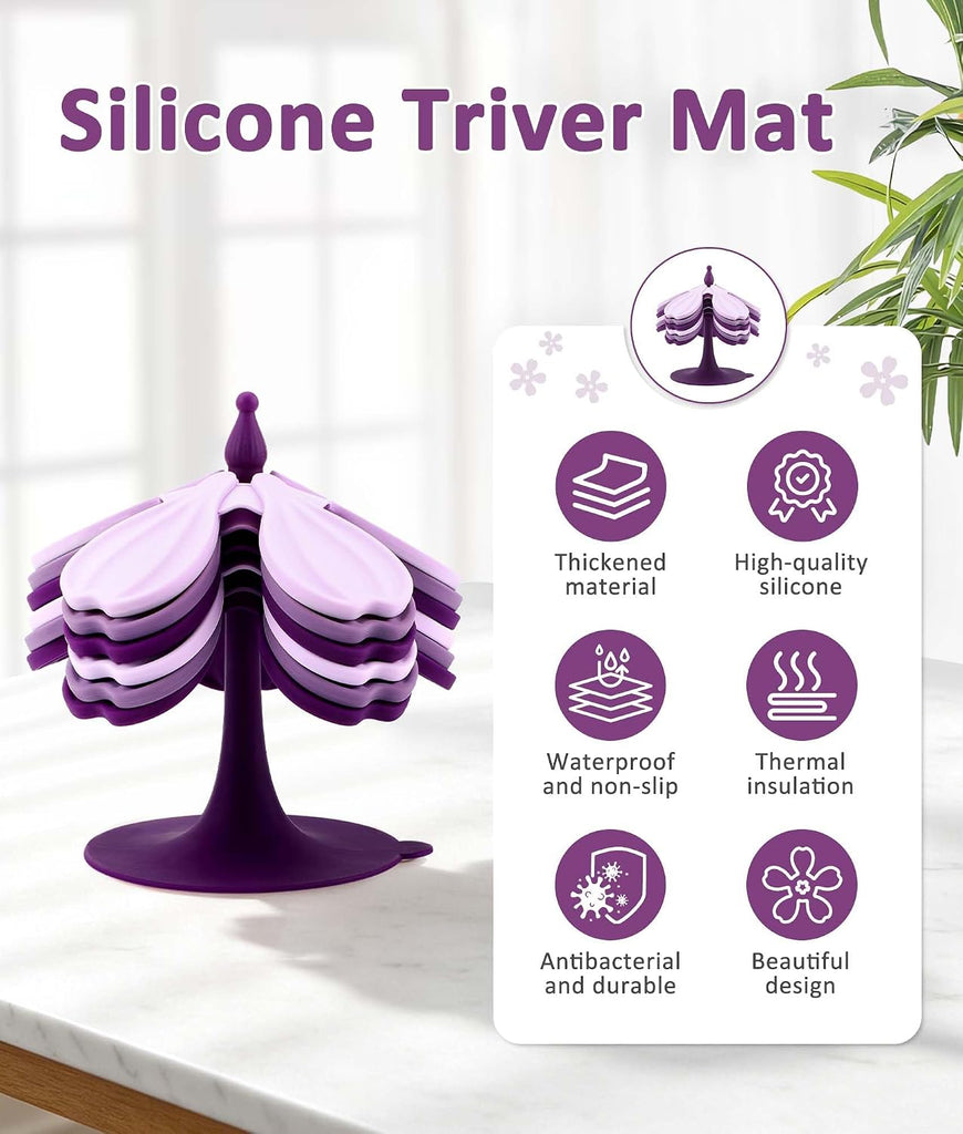 Silicone Trivet Mat - 6 Flower-Shaped Silicone mats + 1 Stand, Non-Slip & Heat Resistant Kitchen Hot Pads for Table & - Set of 7