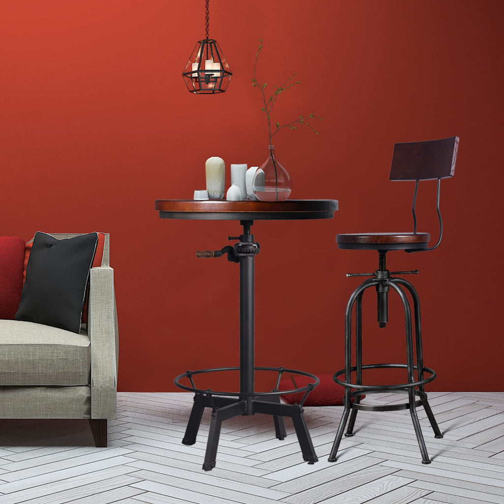 Industrial Bar Table-33.5-39.4 Inch Tall-Adjustable Bar Height Pub Table-23.7 Inch Swivel Round Wood Top Metal