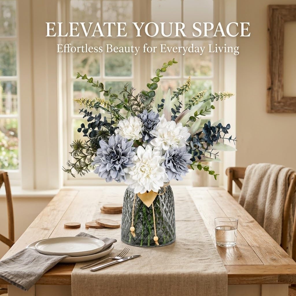 Blue Artificial Flowers with Glass Vase - Realistic Silk Dahlias Hydrangeas Bouquet with Wooden Heart Charm