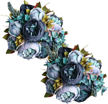 Packs of Artificial Peony Flowers Silk Peonies Dark Blue Fake Flower Bouquet Arrangements Wedding Party - Set of 2