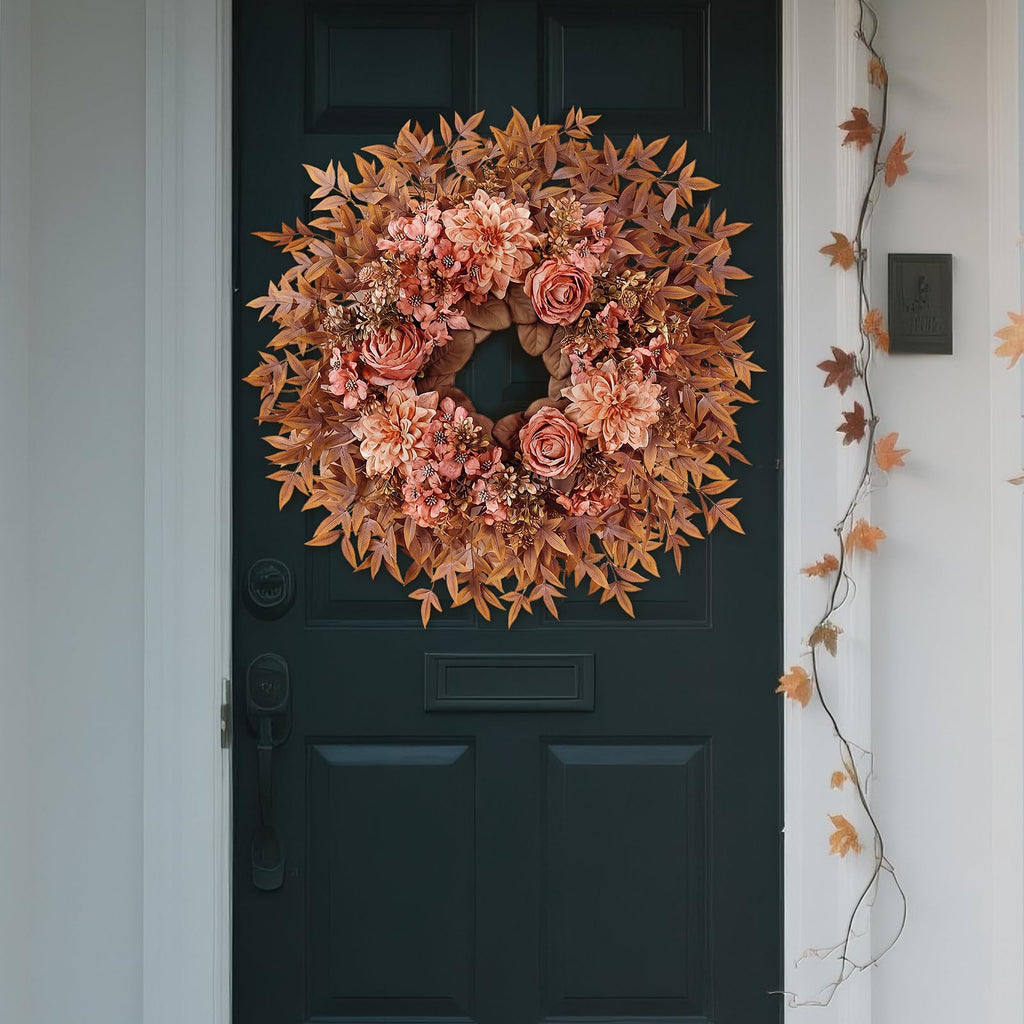 26" Artificial Silk Rose Dahlia Flower Wreath for Front Door (Fall Orange)