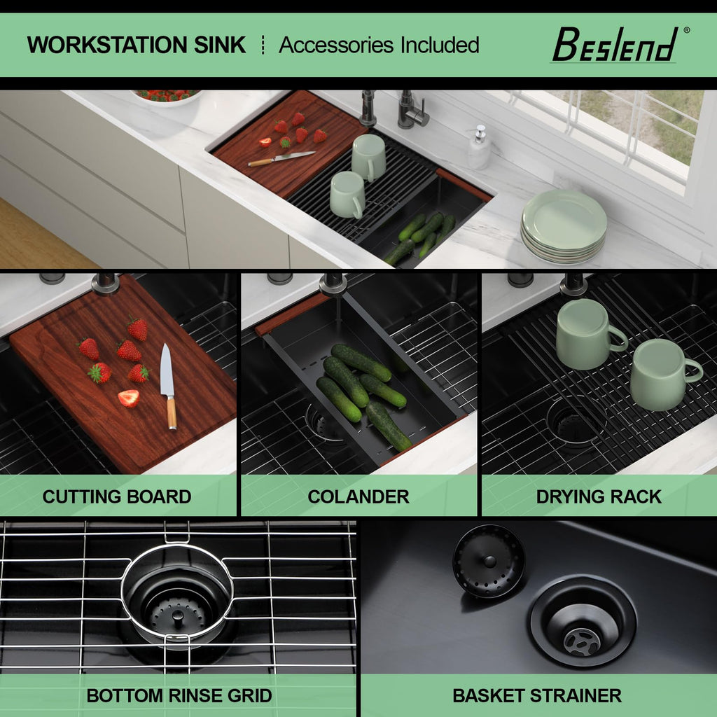 33 Inch Matte Black Undermount Kitchen Sink Workstation