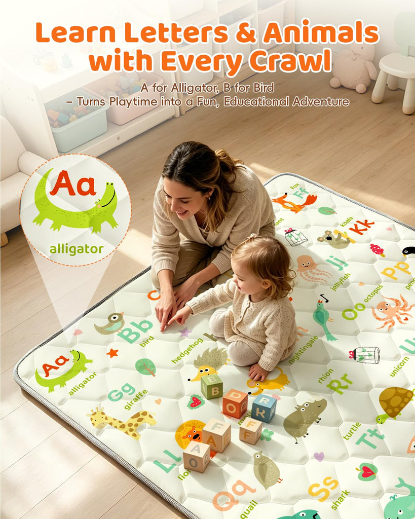 Play Mat for Floor 65"x50", Foldable Playpen Mat for Tummy Time, Thick Non‐Slip Crawling Mat with Carrying Handle