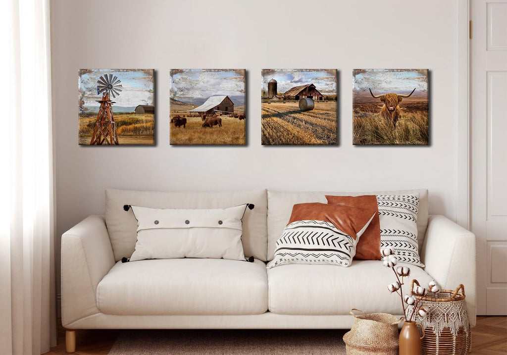 Highland Cow Wall Art Farmhouse Kitchen Decor Western Decor Rustic Windmill Barn Canvas Prints Pictures Retro Country