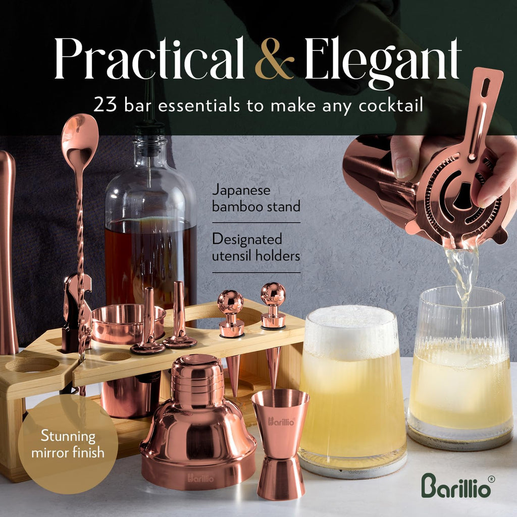 Rose Gold Bartender Kit - Stainless-Steel Cocktail Shaker Set w/Bamboo Stand - Mixology Bar Tools w/Drink Shaker - Set of 23