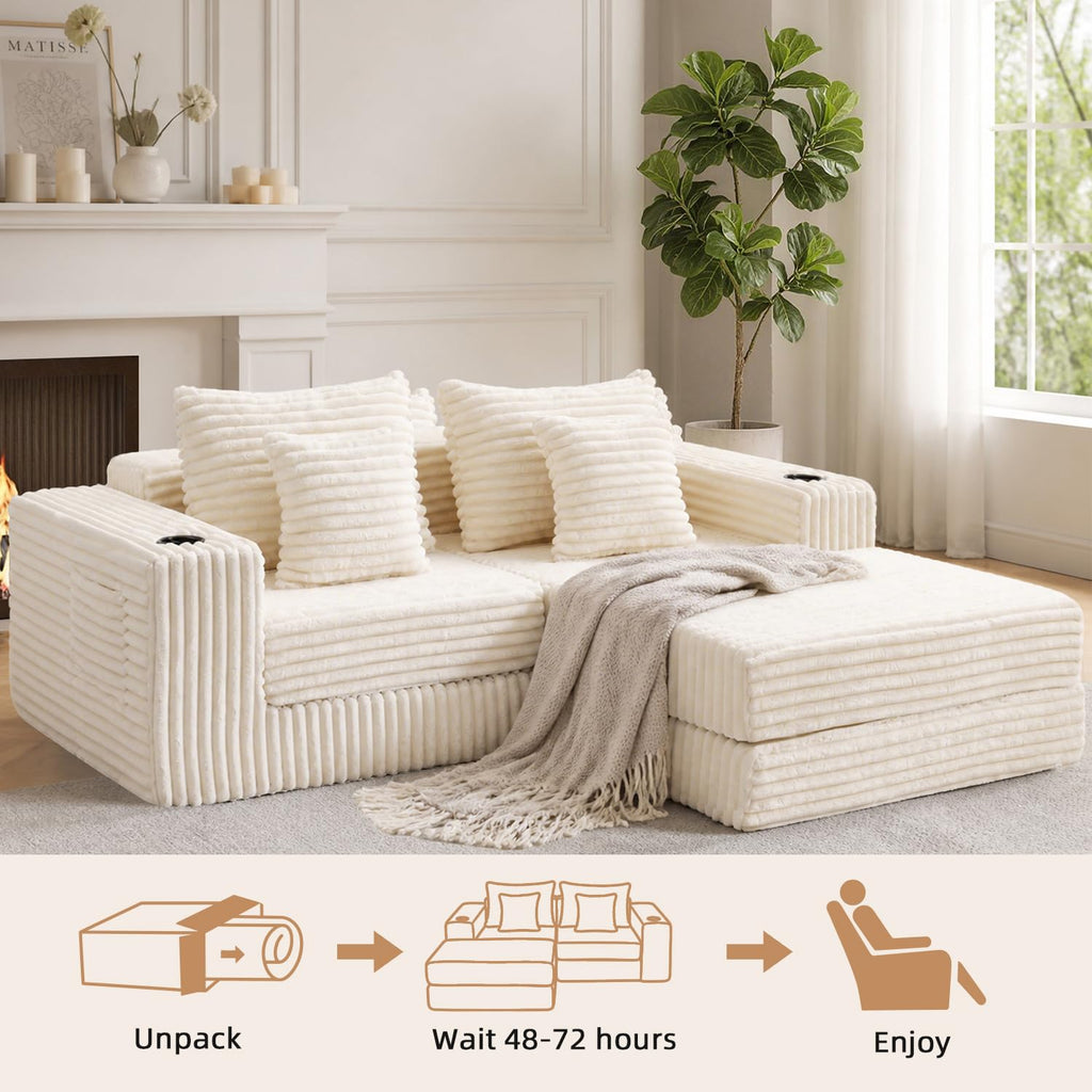 80" Cloud Modular Sectional Sofa, Boneless Corduroy Couch Sofa with Cup Holders & Side Pockets, L-Shaped Couch with