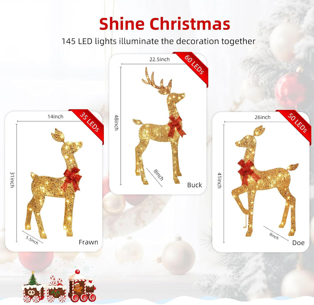 3-Piece 2D Lighted Christmas Deer Family Set - Large Outdoor Yard Reindeer Holiday Decoration with 145 LED Lights