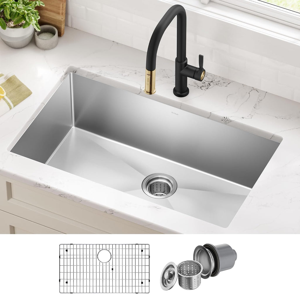 Stainless Steel 32 in 16 Gauge Undermount Sink KHU100-32 | 16-gauge TRU16 steel construction, rounded corners for