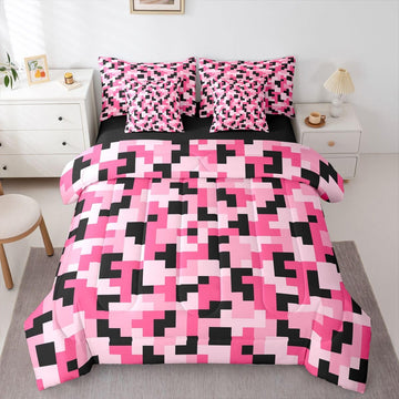 Pink Pixcel 7 Pcs Comforter Set, Block Building Bed in a Bag with Fitted Sheet & Pillowcases, Soft