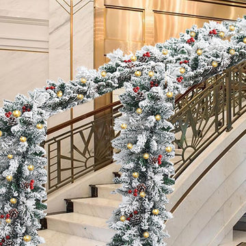 Christmas Garland with Lights, Cedar Xmas Holiday Decoration Snow Flocked Artificial Garland with Pinecones Berries