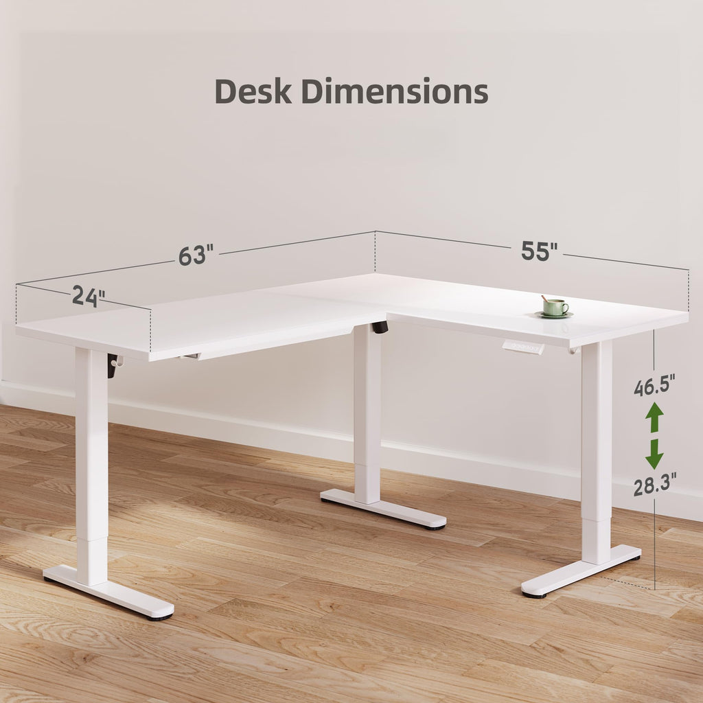 L Shaped Glass Standing Desk with Drawers, 63x55 Inch, White