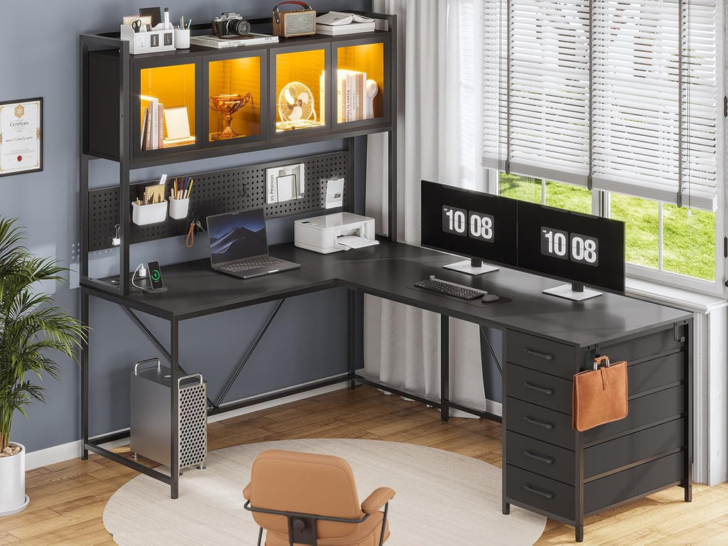 L Shaped Gaming Corner Desk with Drawers, Hutch and Storage Shelves | Reversible Computer Desk, Gaming Desk with