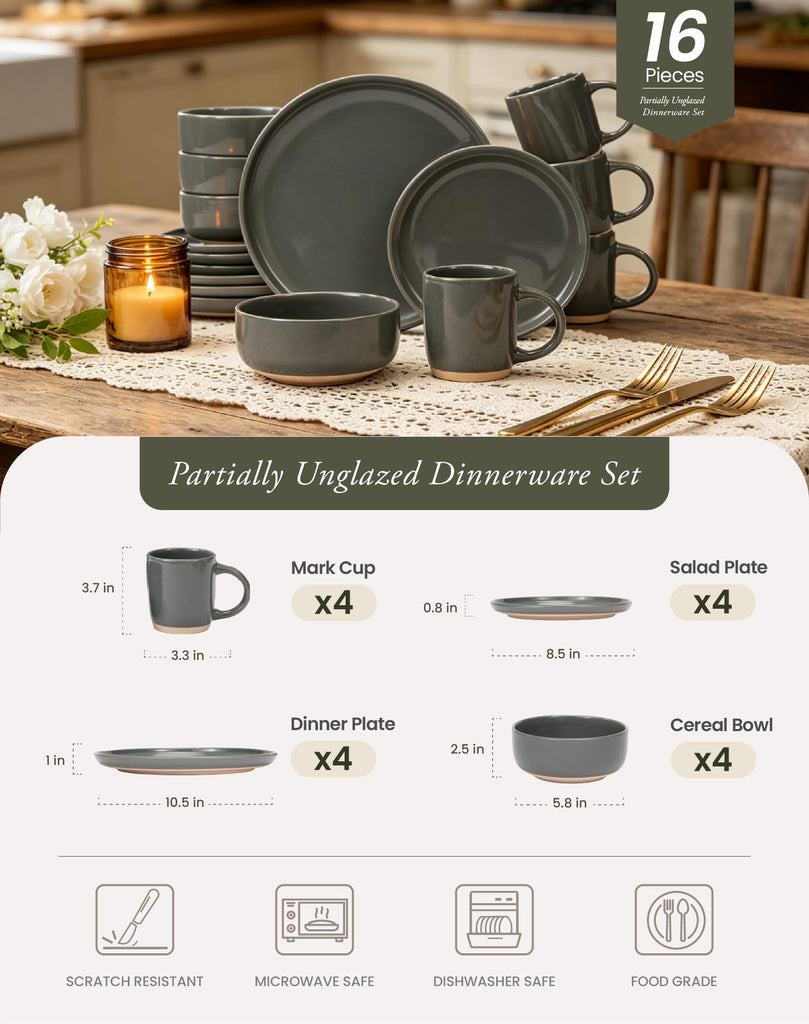 16-Piece Gray Stoneware Dinnerware Set for 4 with Mugs, Plates and Bowls Sets with Partially Unglazed Base, Scratch