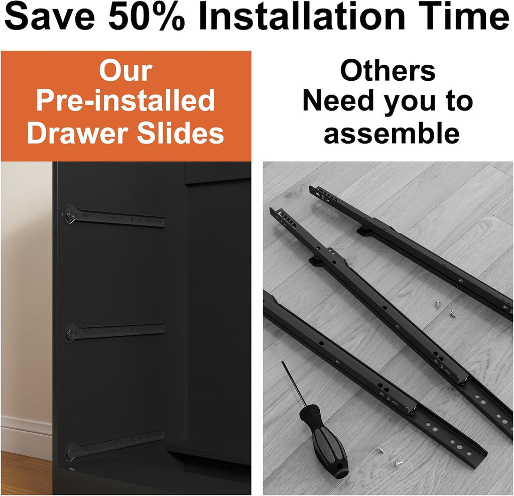 Dresser with Clothes Hanging Rack, Wardrobe Closet w/ 6 Drawers and Shelves | Pre-Installed Slides for Fast