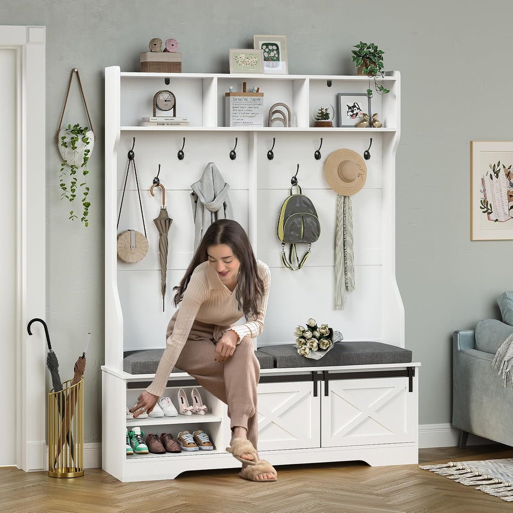 Hall Tree with Bench and Shoe Storage, Entryway Bench with Coat Rack, Modern Farm House Barn Door 3-in-1 Hall Tree