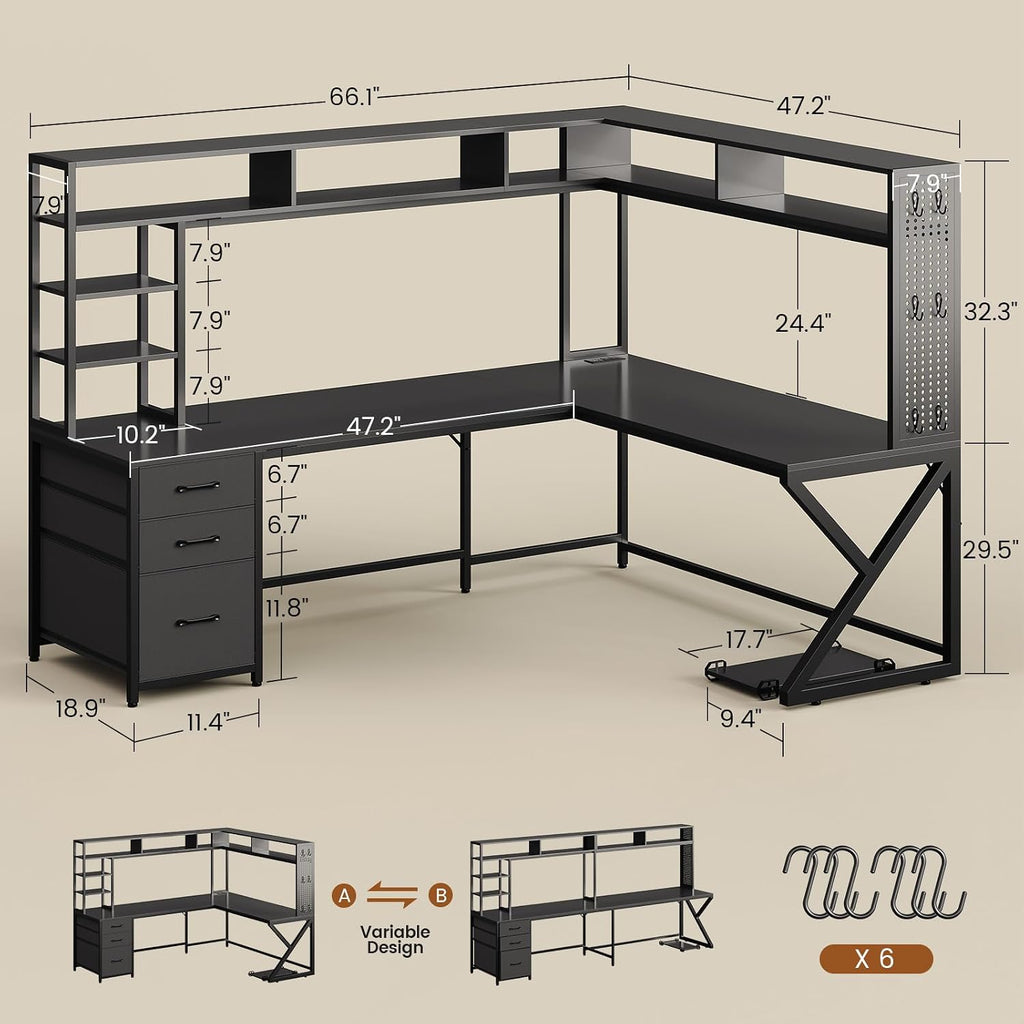 L Shaped Gaming Desk with Storage Shelves, Hutch, Drawers | Convertible 94.5" Computer Desk with Power Outlet, LED