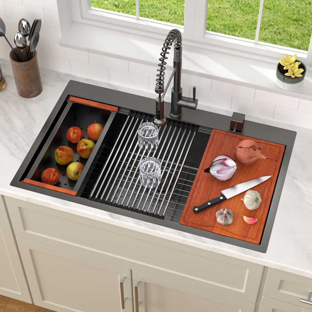 36 Inch Black Kitchen Sink Workstation Drop In Single Bowl Large Sink 16 Gauge Stainless Steel Nano PVD Coating