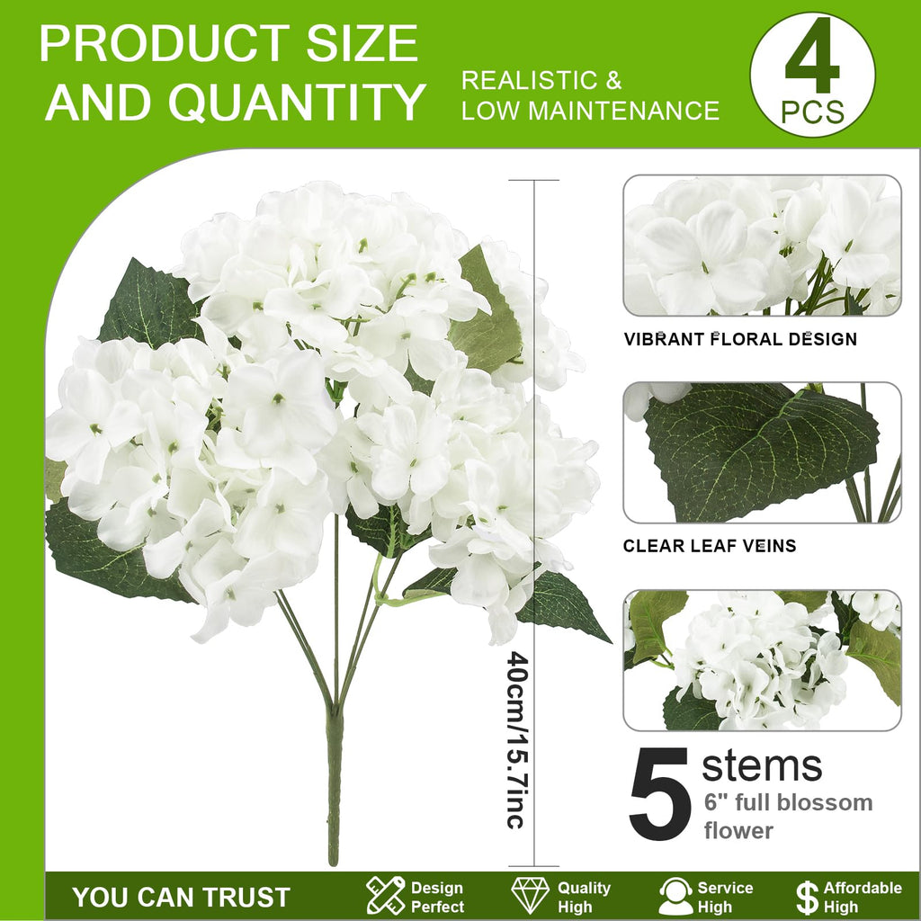 4 Pcs Artificial Outdoor Silk Bouquets, UV Resistant Faux Hydrangeas for Table Vase Centerpieces Outside Party