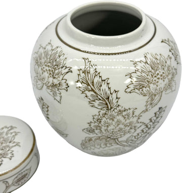 White & Brown Flower Chinoiserie Round Ginger Jar 10" with Lid - Ginger Jar, Decorative, Home Decor Jar