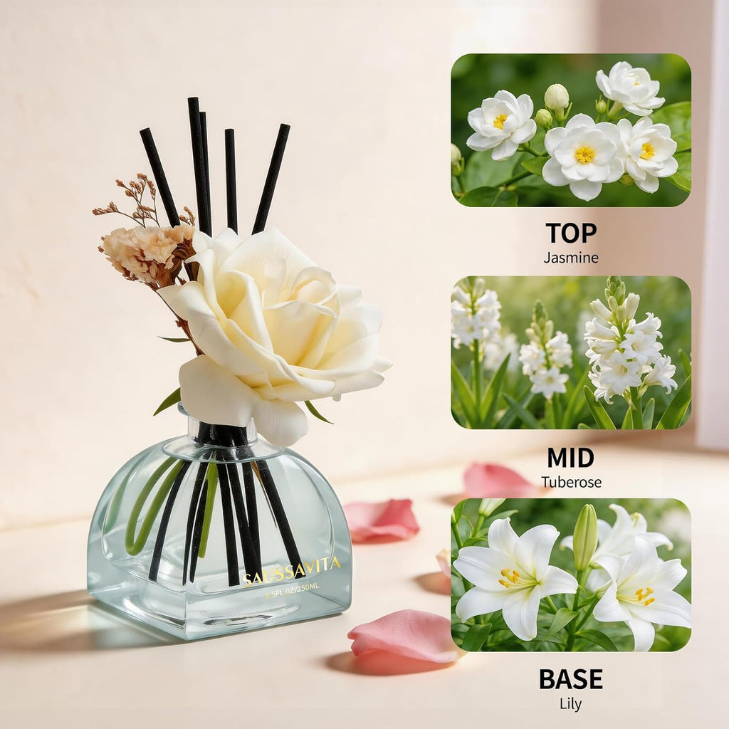 Reed Diffusers Set Flower Scented Diffuser for 140 Days, Flower Diffuser 250ml with Decorative Rose and Dried