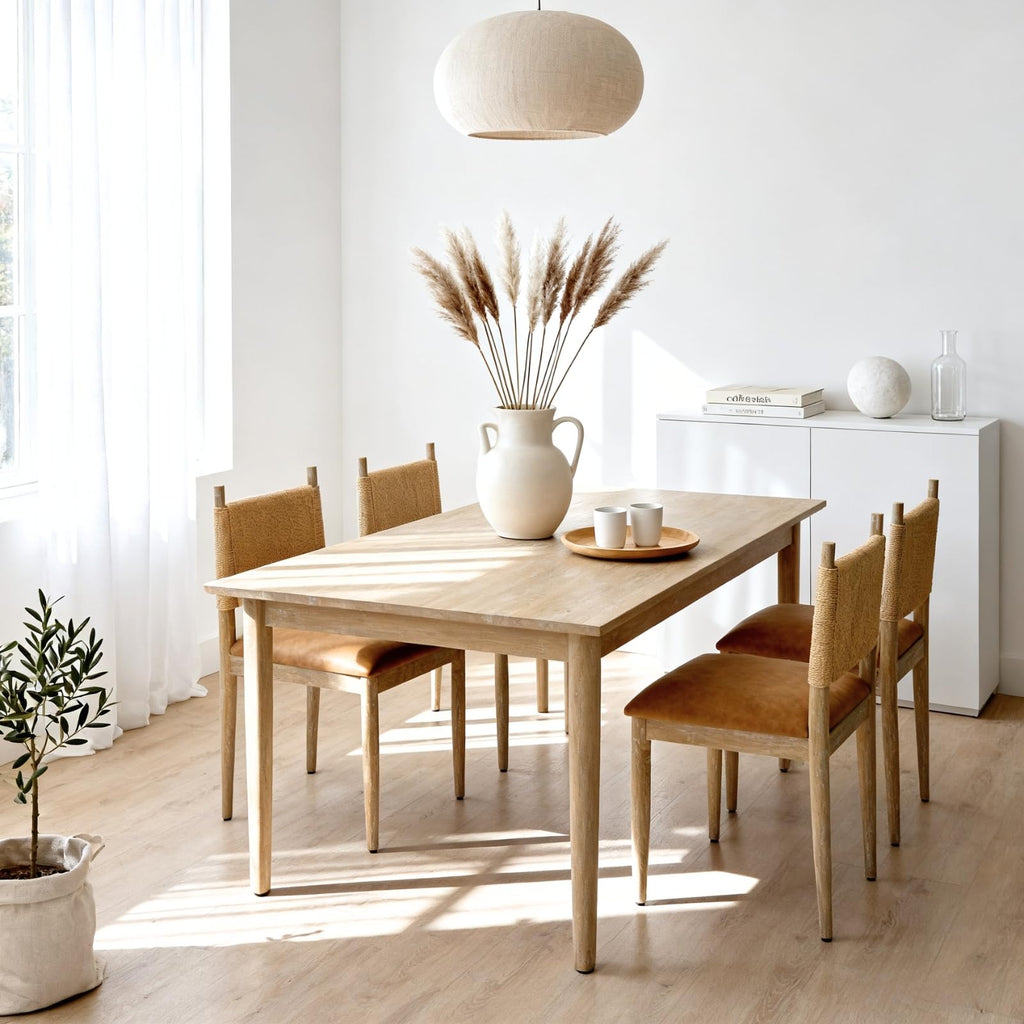 Modern Coastal Woven Dining Chairs Set of 4, Brown Faux Leather