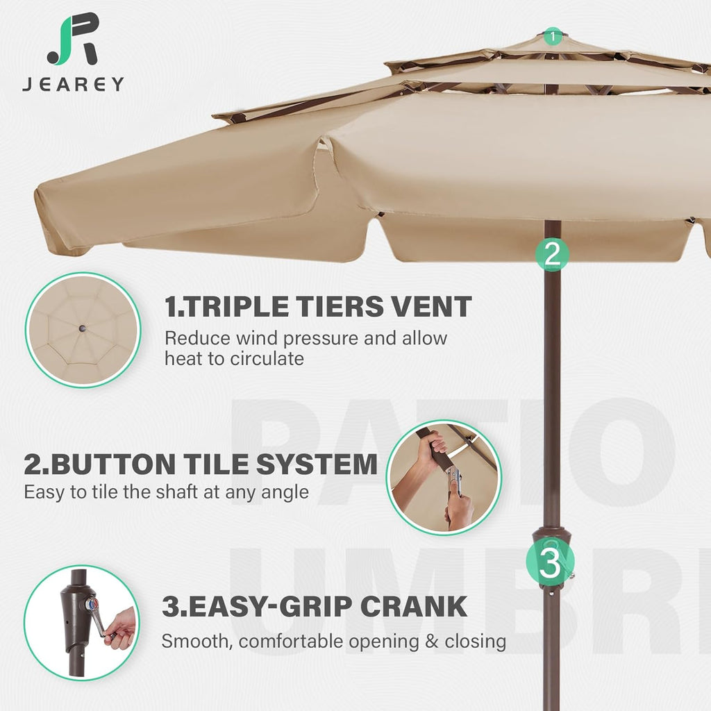 3 Tiers 9 FT Patio Umbrellas Outdoor Table Umbrella with Push Button Market Umbrella 8 Sturdy Ribs UV Protection - Beige