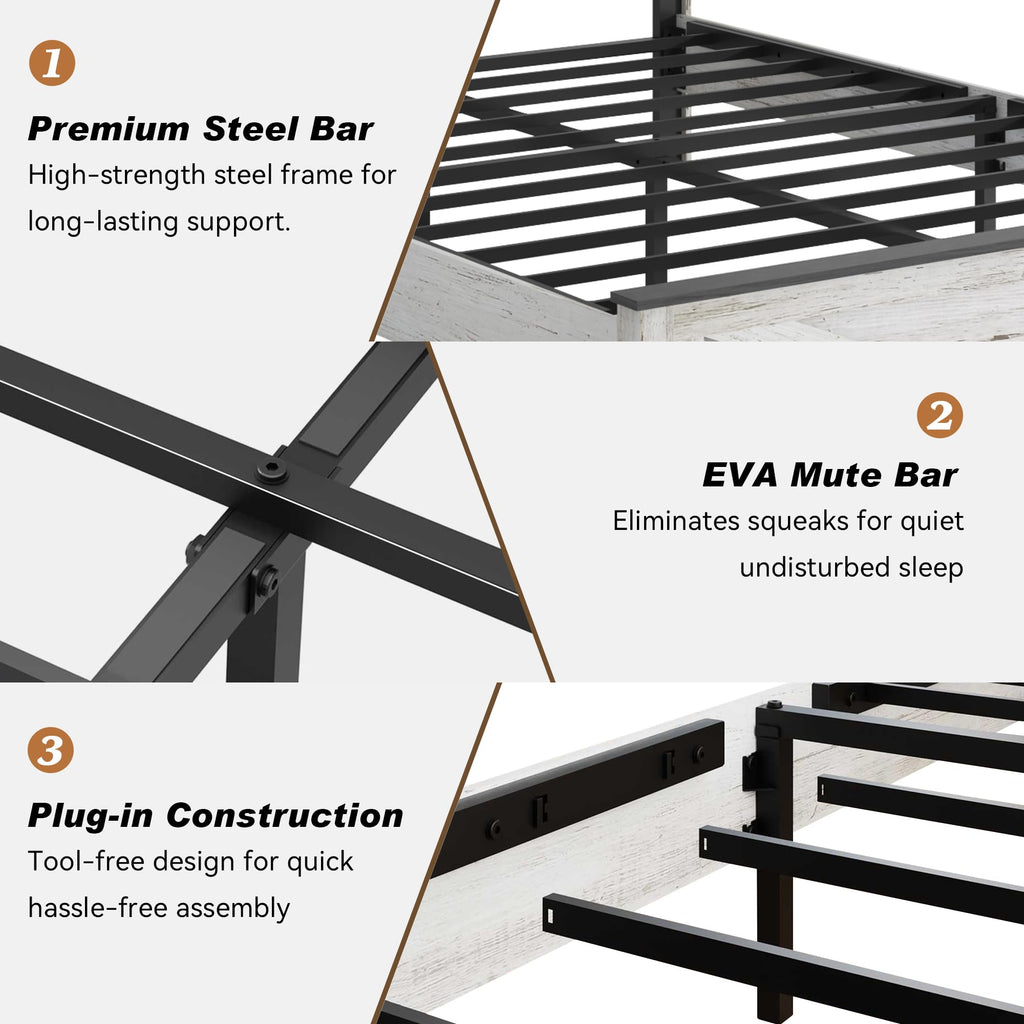 Farmhouse Bed Frame with LED Headboard Storage