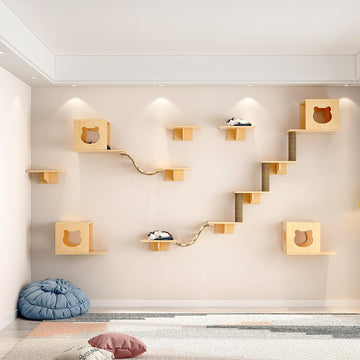 Cat Wall Shelves and Perches, Solid Wood Wall Mounted Cat Furniture with 4 Cat Condos House, 8 Shelves, 2Ladder, 3
