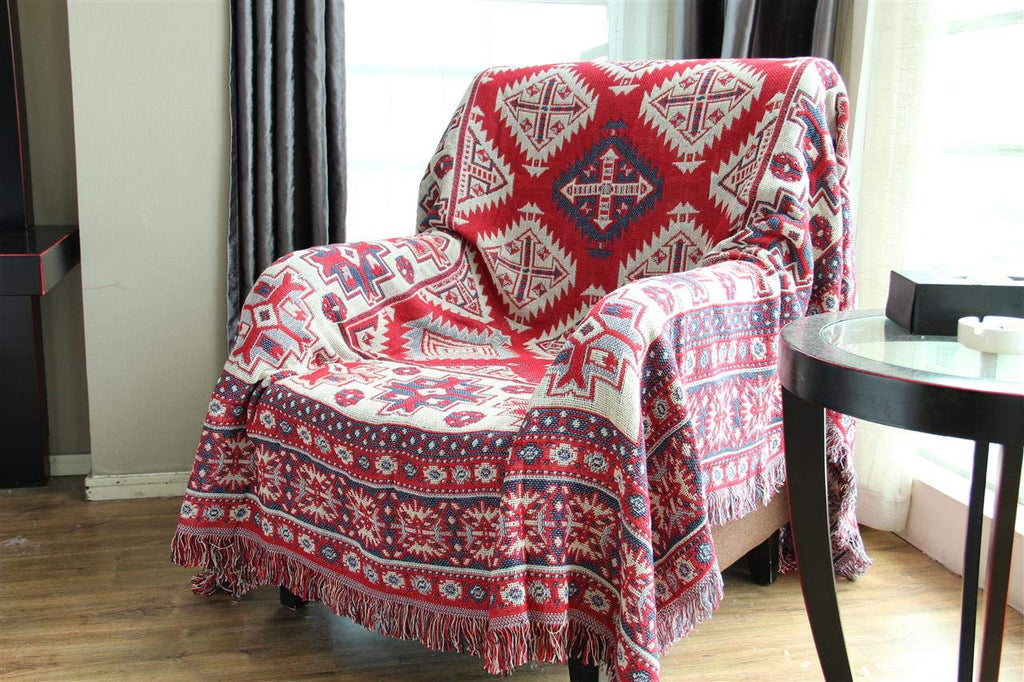 Bohemian Cotton Woven Red Geometric Pattern Throw Blanket with Tassel Couch Decorative Seat Cover Soft Chair Cover