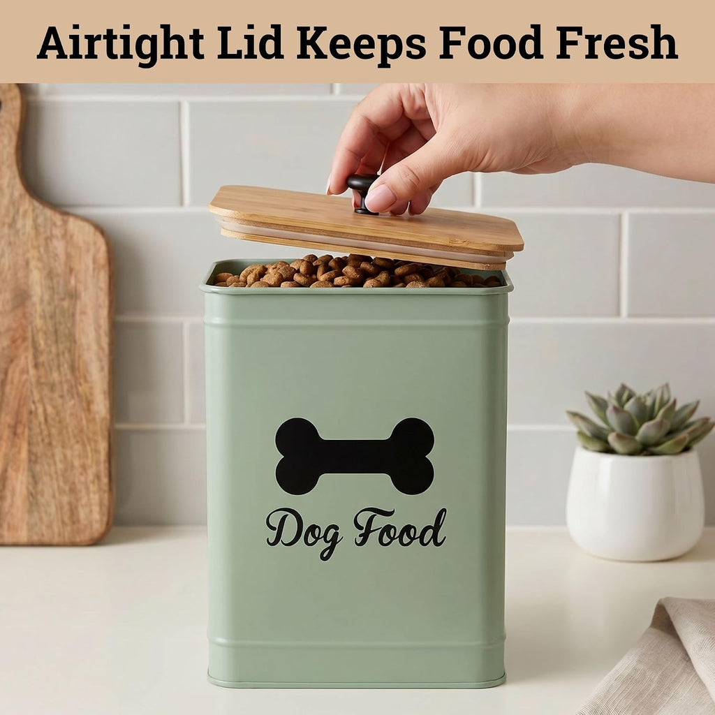 Metal Dog Food Container 5-7lb, 25 Cup w/ Airtight Bamboo Lid, Metal Handle